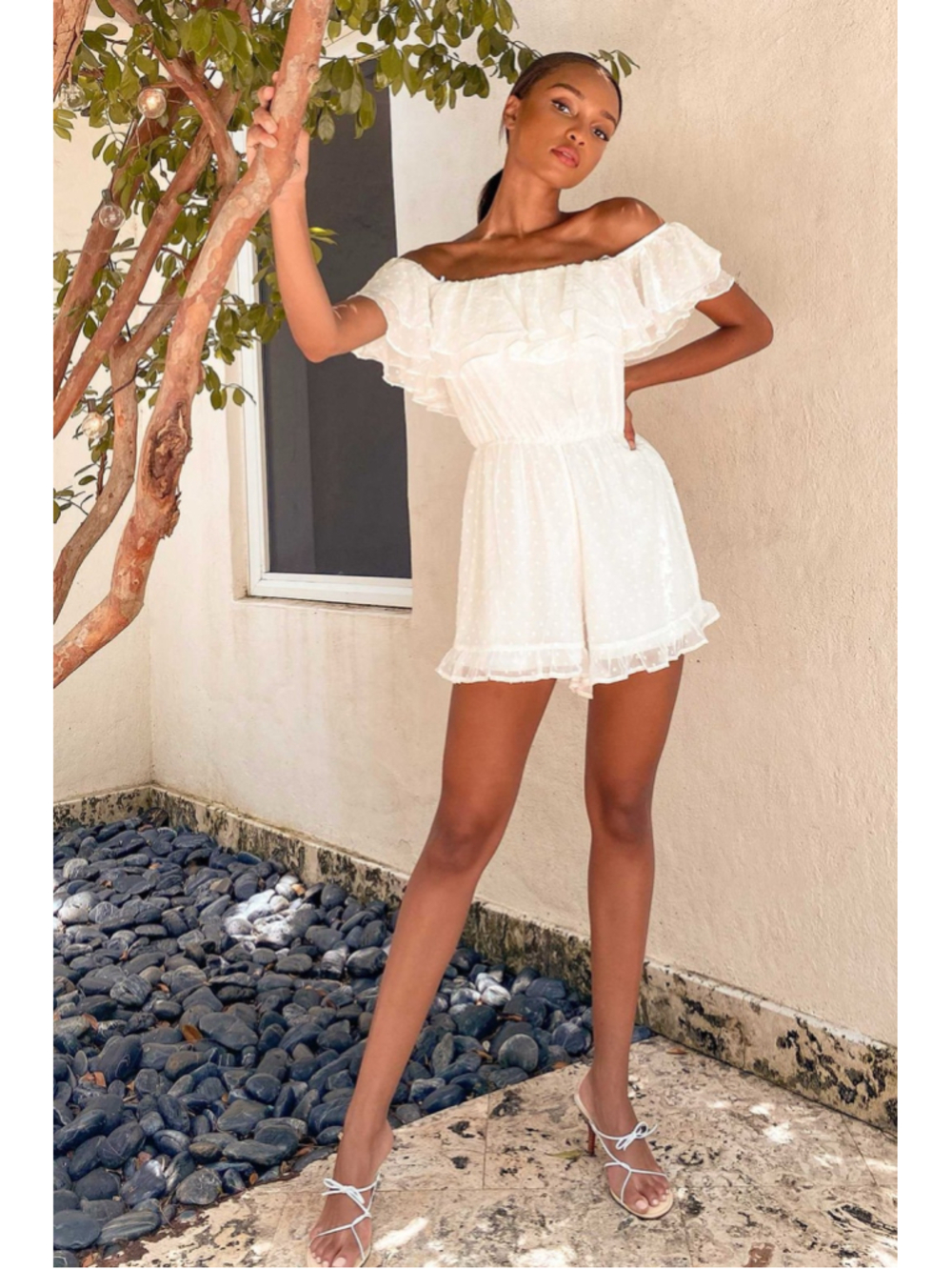 NWT Lulus Frilled to Bits White Swiss Dot Off-the-Shoulder Romper - Picture 3 of 10